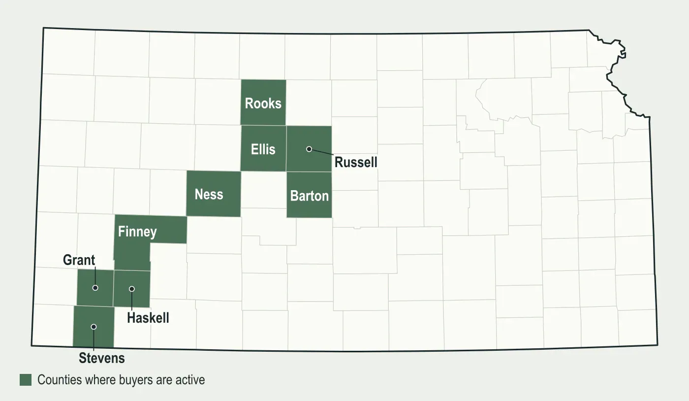Map of Kansas with Ellis, Haskell, Finney, Barton, Rooks, Russell, Ness, Stevens and Grant counties highlighted, where mineral buyers are active