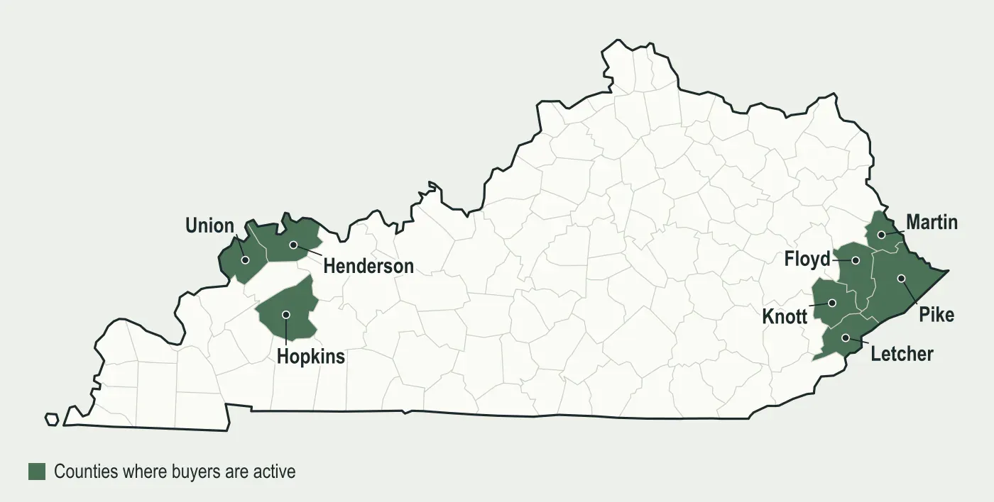 Map of Kentucky with Pike, Floyd, Knott, Letcher, Martin, Henderson, Union and Hopkins counties highlighted, where mineral buyers are active