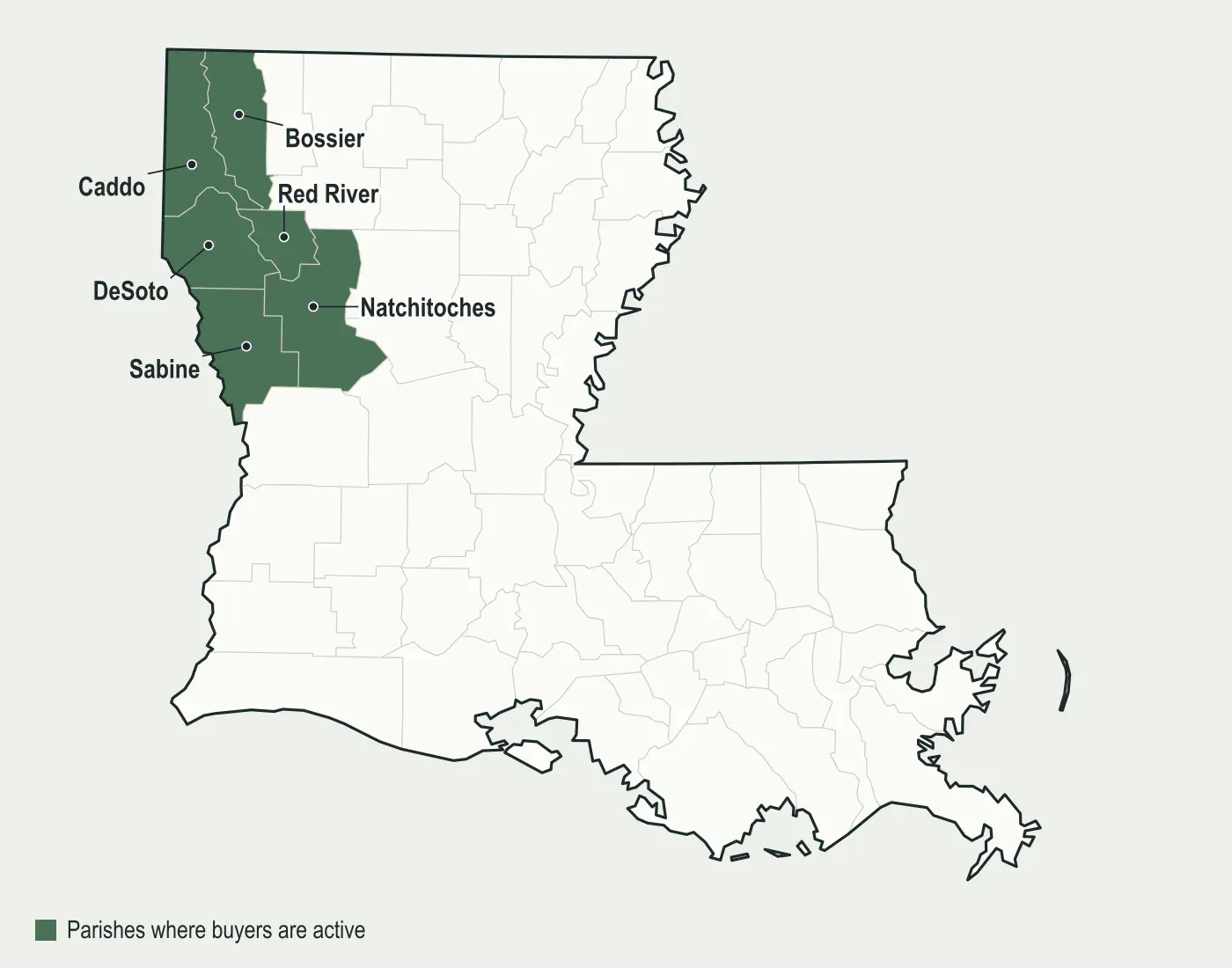 Map of Louisiana with DeSoto, Caddo, Red River, Bossier, Sabine and Natchitoches parishes highlighted, where mineral buyers are active