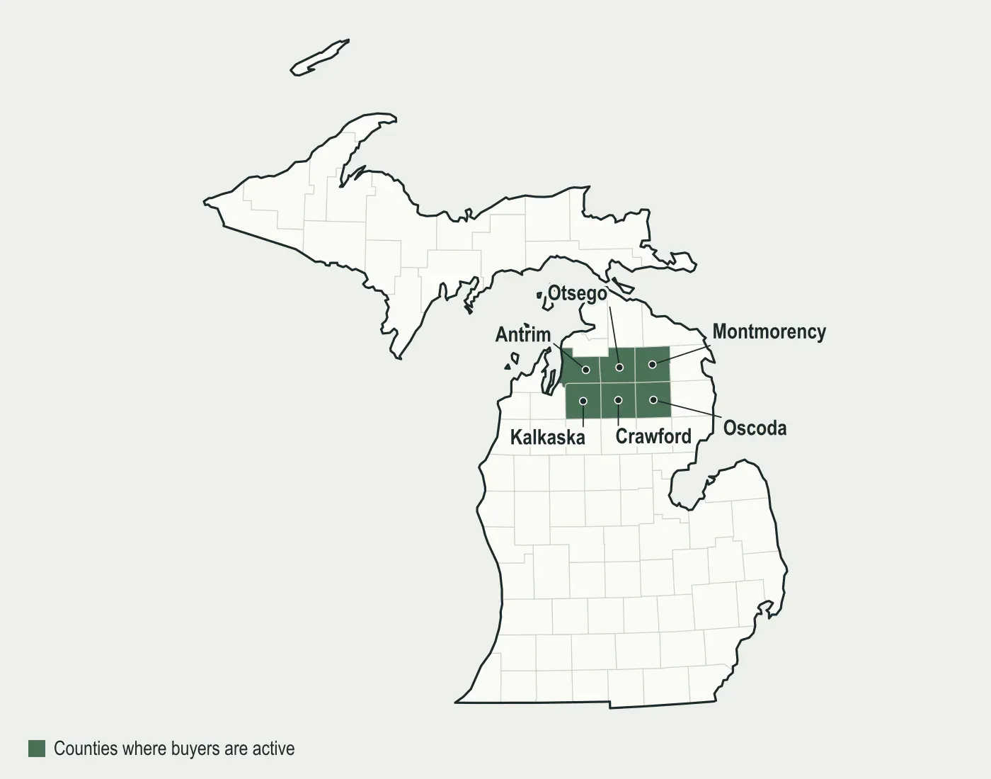 Map of Michigan with Otsego, Antrim, Montmorency, Crawford, Kalkaska and Oscoda counties highlighted, where mineral buyers are active