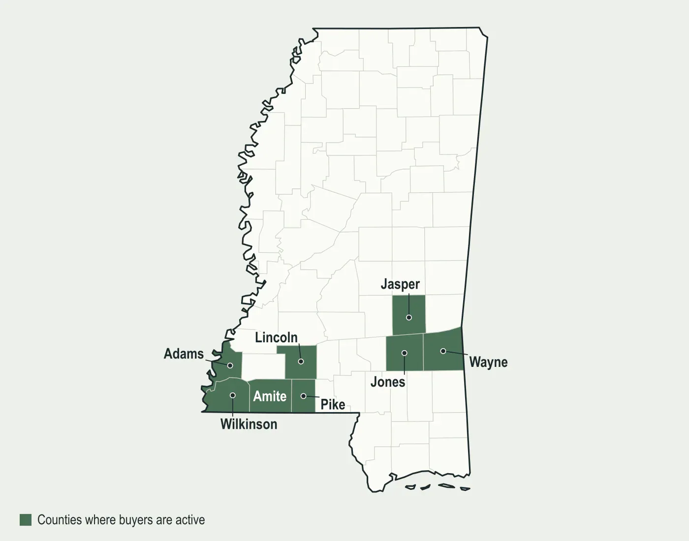 Map of Mississippi with Jones, Wayne, Jasper, Amite, Wilkinson, Adams, Pike and Lincoln counties highlighted, where mineral buyers are active