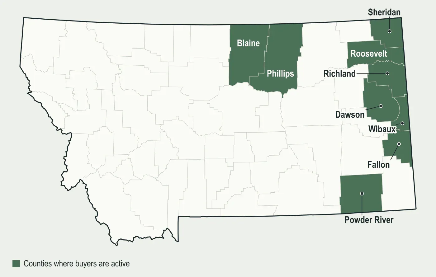 Map of Montana with Richland, Roosevelt, Fallon, Powder River, Sheridan, Dawson, Wibaux, Phillips and Blaine counties highlighted, where mineral buyers are active