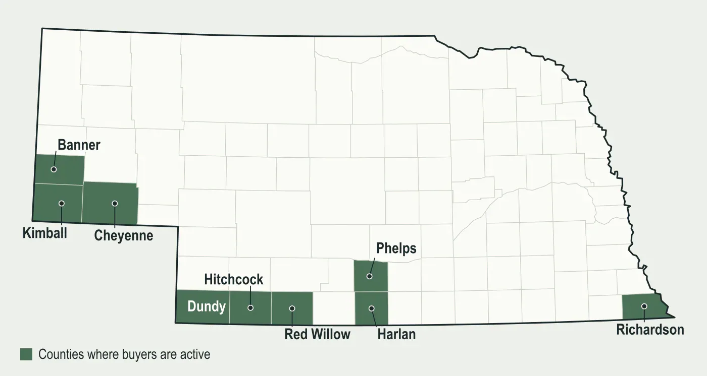 Map of Nebraska with Hitchcock, Dundy, Kimball, Red Willow, Cheyenne, Banner, Richardson, Phelps and Harlan counties highlighted, where mineral buyers are active