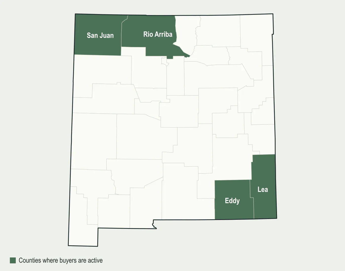 Map of New Mexico with Lea, Eddy, San Juan and Rio Arriba counties highlighted, where mineral buyers are active