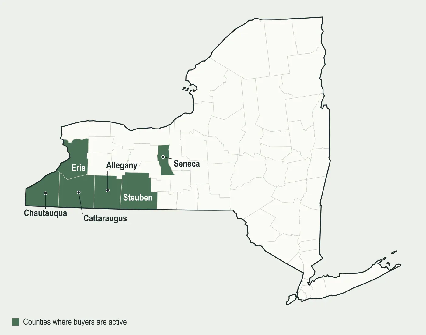 Map of New York with Chautauqua, Steuben, Erie, Cattaraugus, Allegany and Seneca counties highlighted, where mineral buyers are active