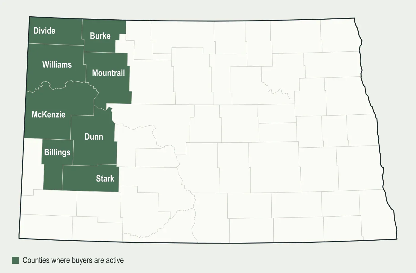 Map of North Dakota with McKenzie, Williams, Mountrail, Dunn, Divide, Burke, Stark and Billings counties highlighted, where mineral buyers are active