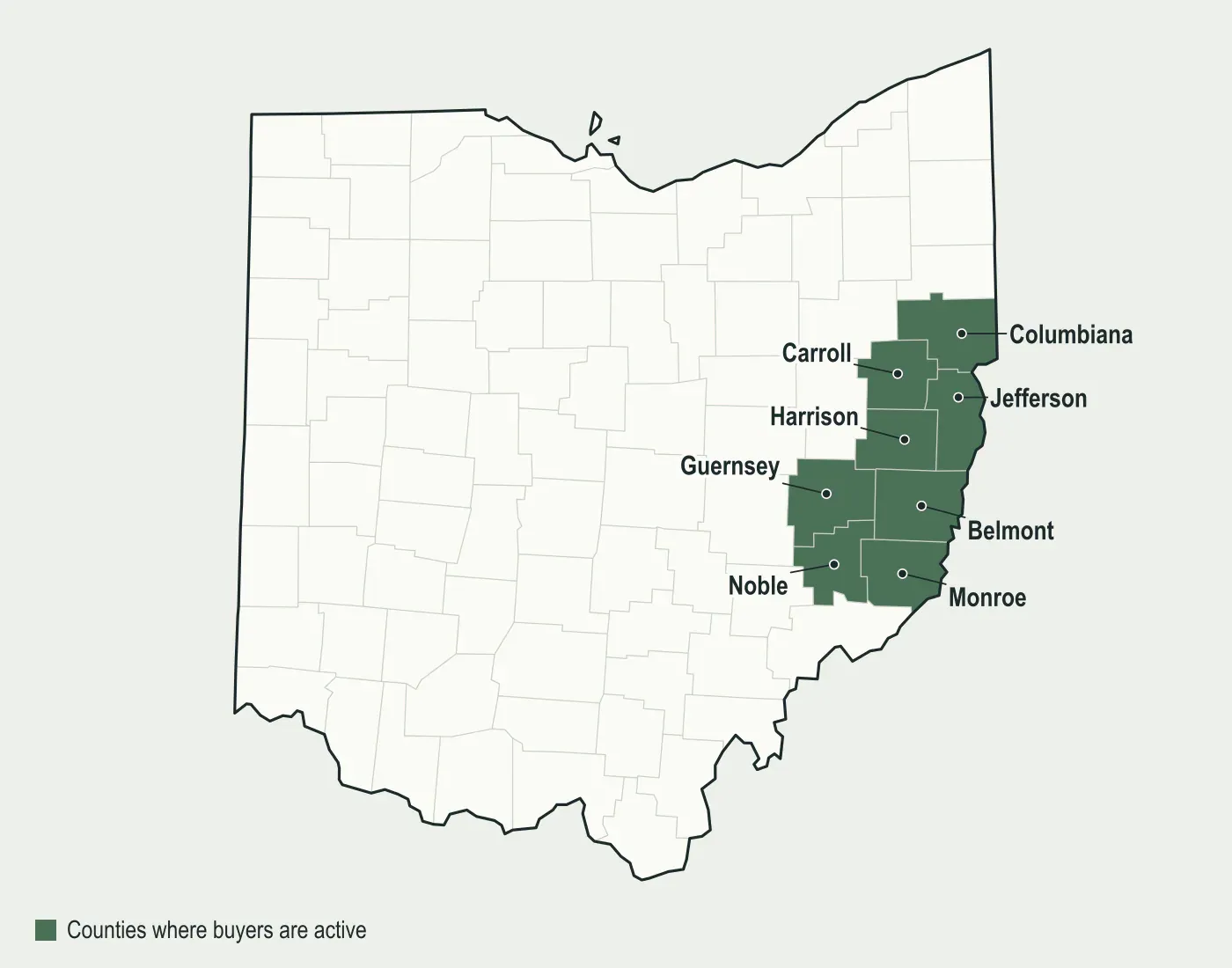 Map of Ohio with Belmont, Monroe, Harrison, Guernsey, Carroll, Noble, Jefferson and Columbiana counties highlighted, where mineral buyers are active