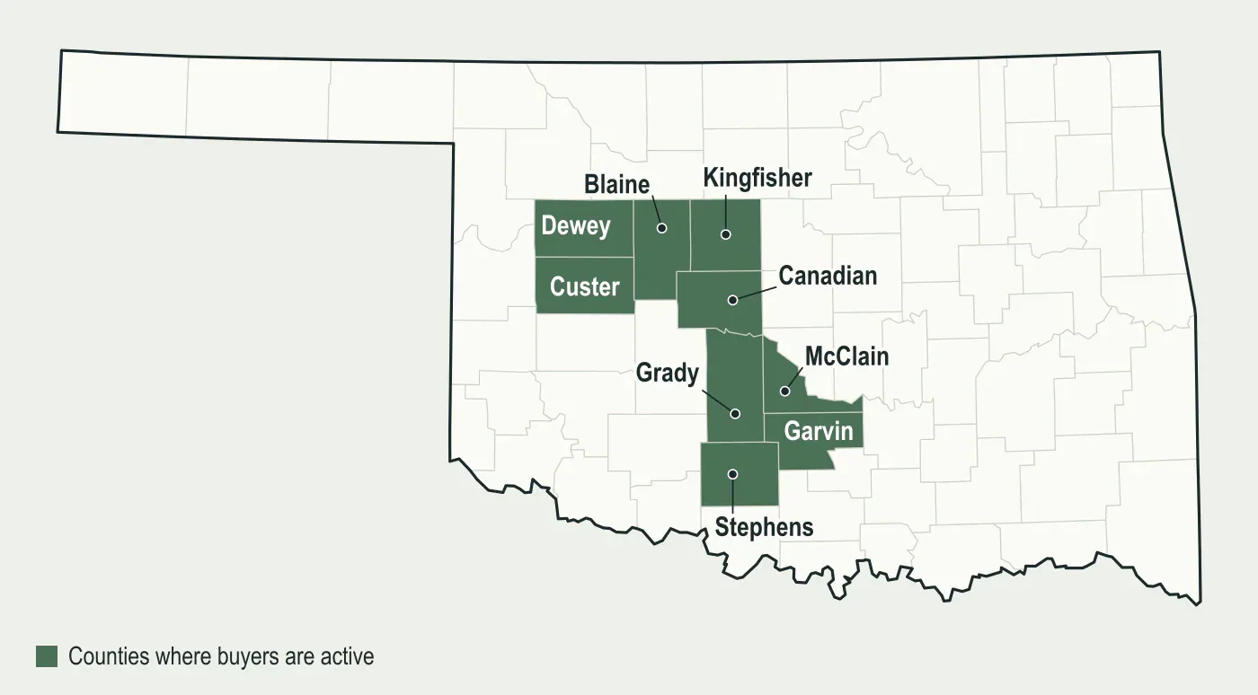 Map of Oklahoma with Grady, McClain, Garvin, Stephens, Canadian, Kingfisher, Blaine, Custer and Dewey counties highlighted, where mineral buyers are active
