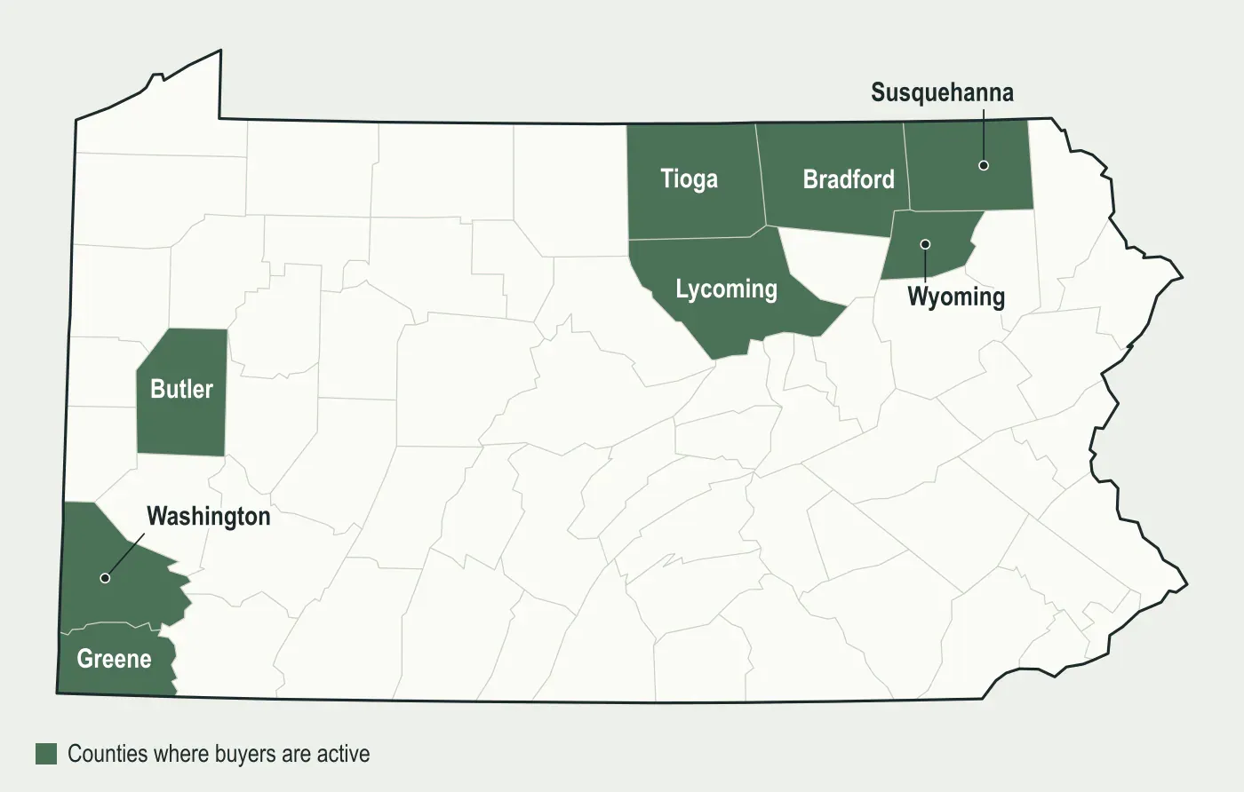 Map of Pennsylvania with Washington, Greene, Butler, Susquehanna, Bradford, Tioga, Lycoming and Wyoming counties highlighted, where mineral buyers are active