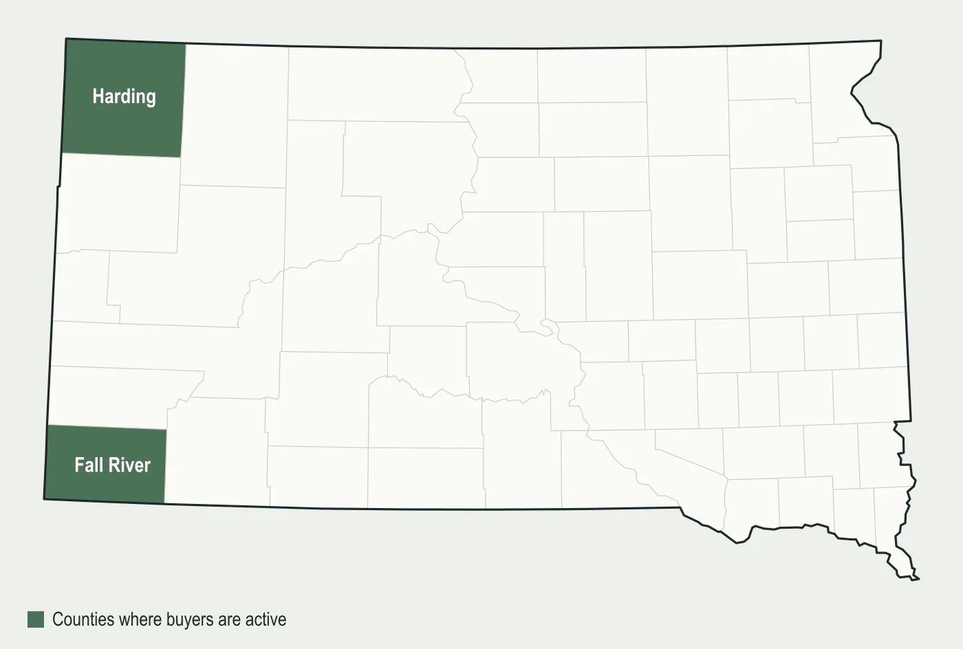 Map of South Dakota with Harding and Fall River counties highlighted, where mineral buyers are active