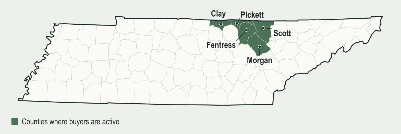 Map of Tennessee with Morgan, Scott, Fentress, Pickett and Clay counties highlighted, where mineral buyers are active