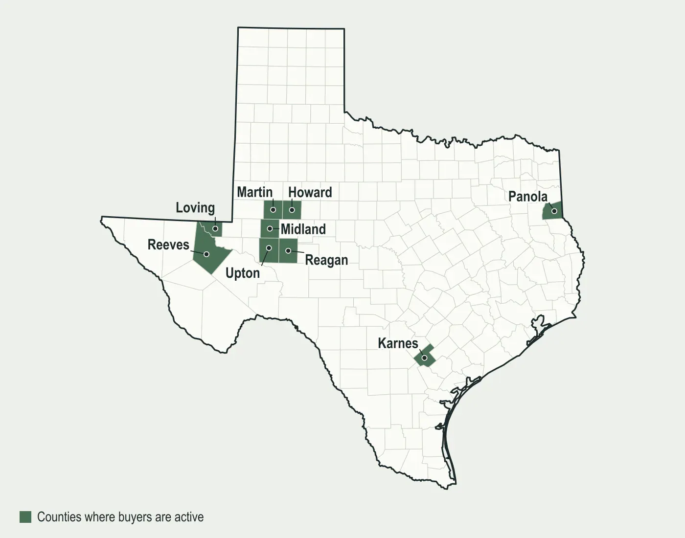Map of Texas with Midland, Martin, Howard, Reeves, Loving, Upton, Reagan, Karnes and Panola counties highlighted, where mineral buyers are active