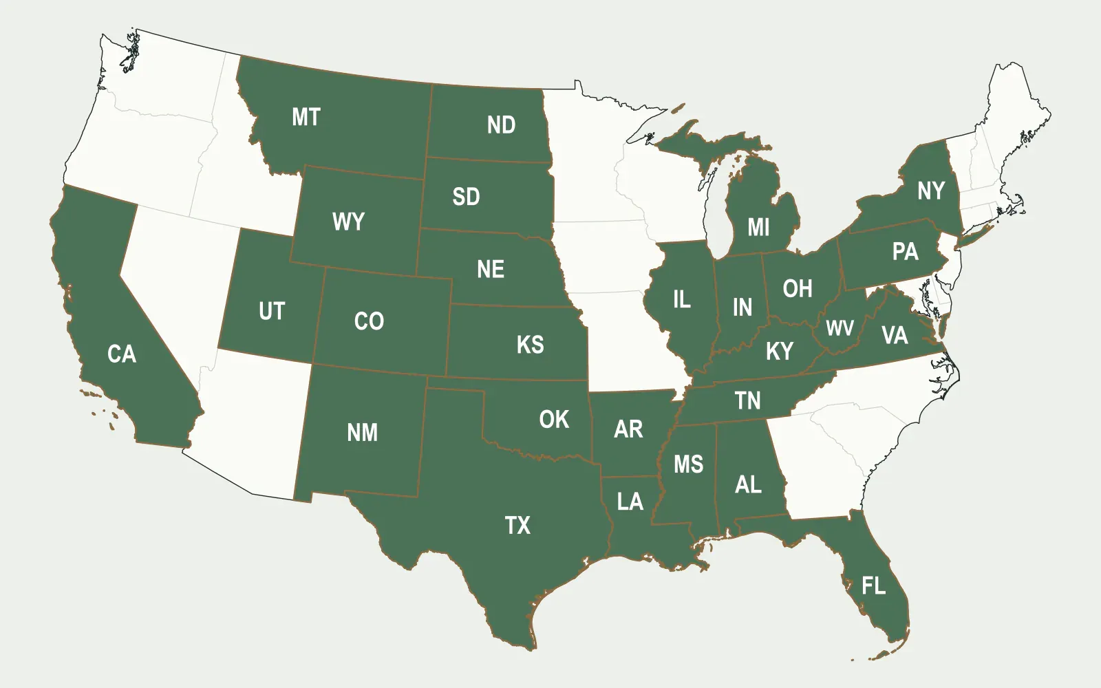 Map of the United States highlighting Texas, Oklahoma, New Mexico, North Dakota, Ohio, Pennsylvania, West Virginia, Colorado, Louisiana, Wyoming, Alabama, Alaska, Arkansas, California, Florida, Illinois, Indiana, Kansas, Kentucky, Michigan, Mississippi, Montana, Nebraska, New York, South Dakota, Tennessee, Utah and Virginia, where GoSellMineralRights connects owners with buyers
