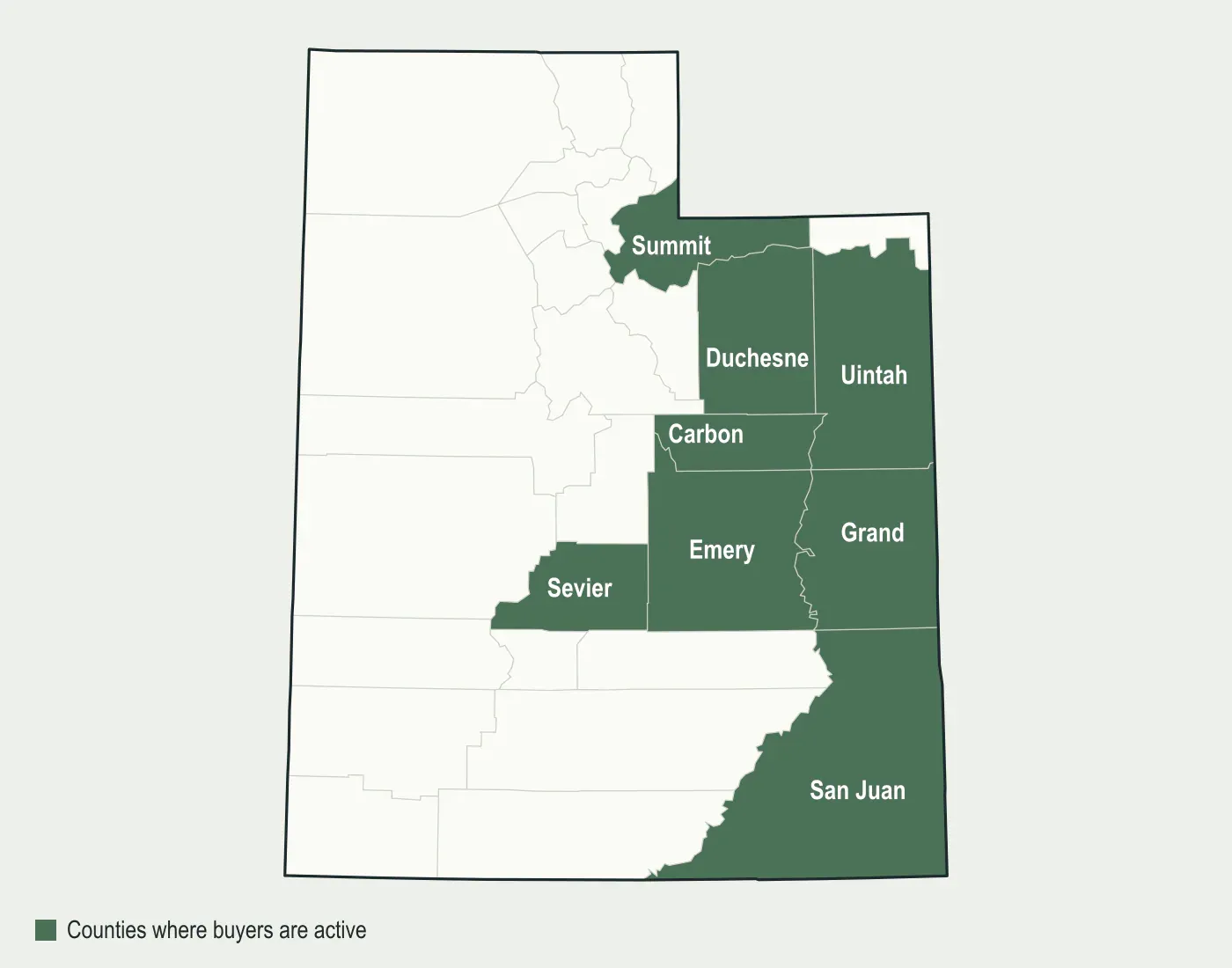 Map of Utah with Duchesne, Uintah, San Juan, Grand, Carbon, Emery, Sevier and Summit counties highlighted, where mineral buyers are active