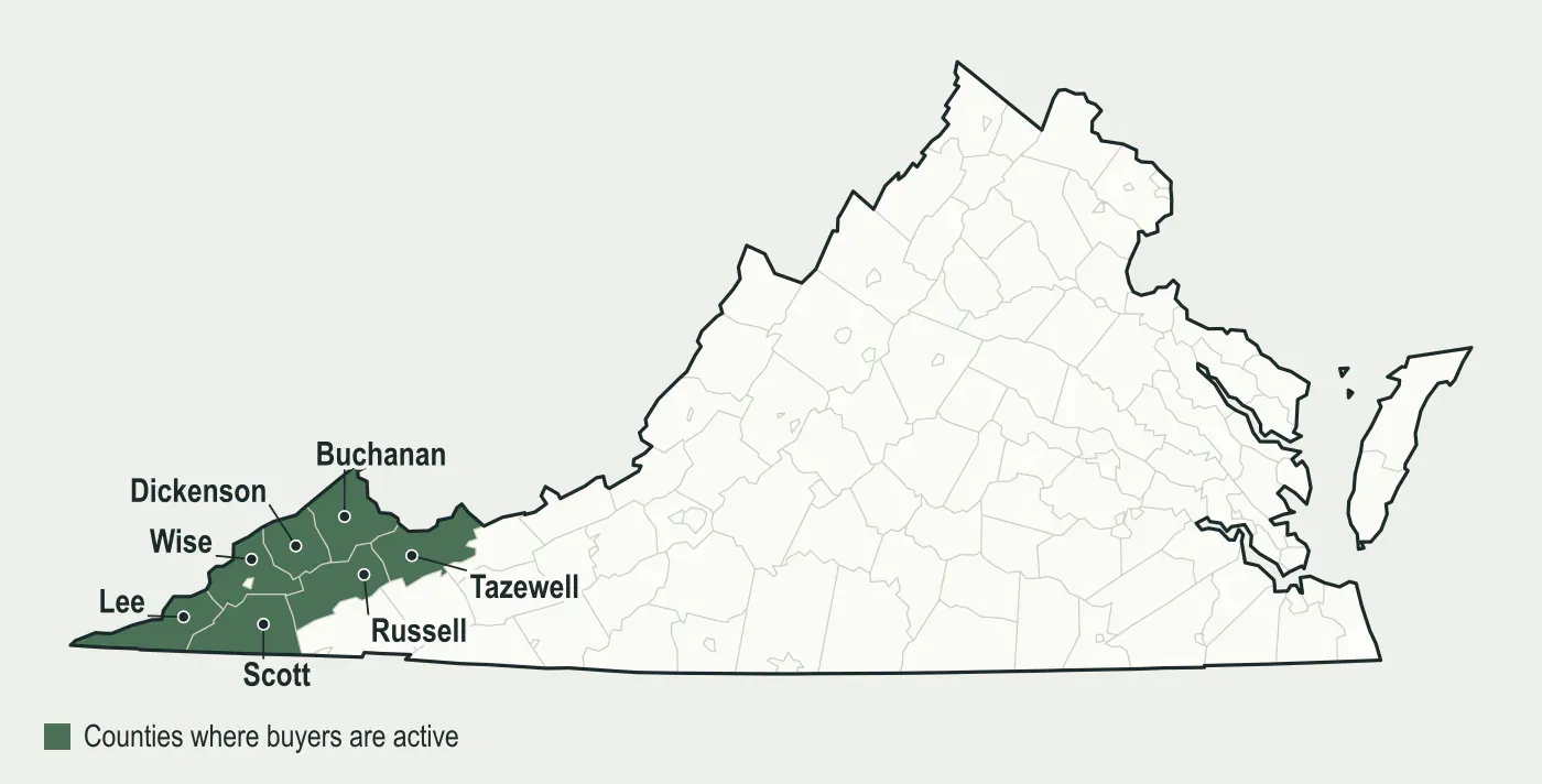 Map of Virginia with Buchanan, Dickenson, Wise, Russell, Tazewell, Lee and Scott counties highlighted, where mineral buyers are active