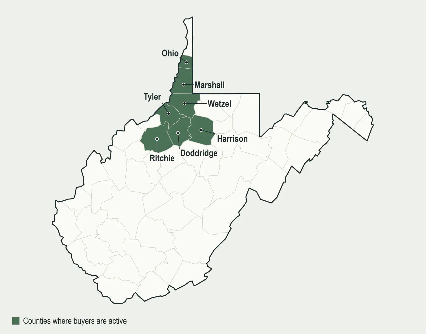 Map of West Virginia with Doddridge, Tyler, Wetzel, Marshall, Ritchie, Harrison and Ohio counties highlighted, where mineral buyers are active