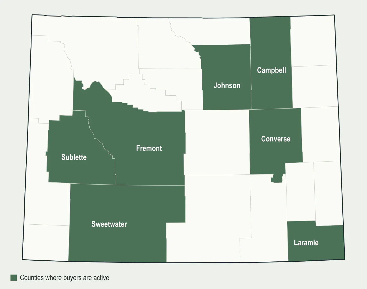 Map of Wyoming with Campbell, Converse, Johnson, Sublette, Sweetwater, Laramie and Fremont counties highlighted, where mineral buyers are active